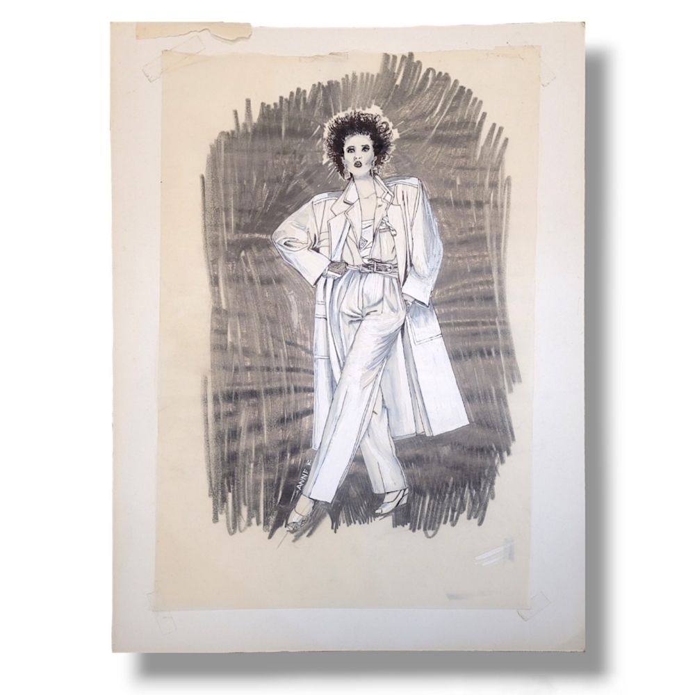Vintage 1980s Fashion Illustration by Anne R – Original Sketch